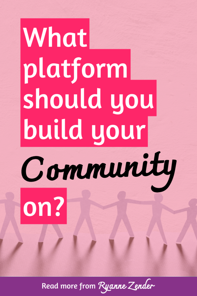 What platform should you build your community on is written on a pink background. There is an image at the bottom of cut-out paper people who look like they're holding hands.