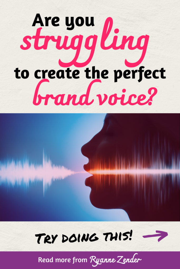 Are you struggling to create the perfect brand voice is written at the top on a white background above a picture of the silhouette of a person's face with sound waves that look like they're coming out of the mouth. At the bottom it says try doing this with an arrow.