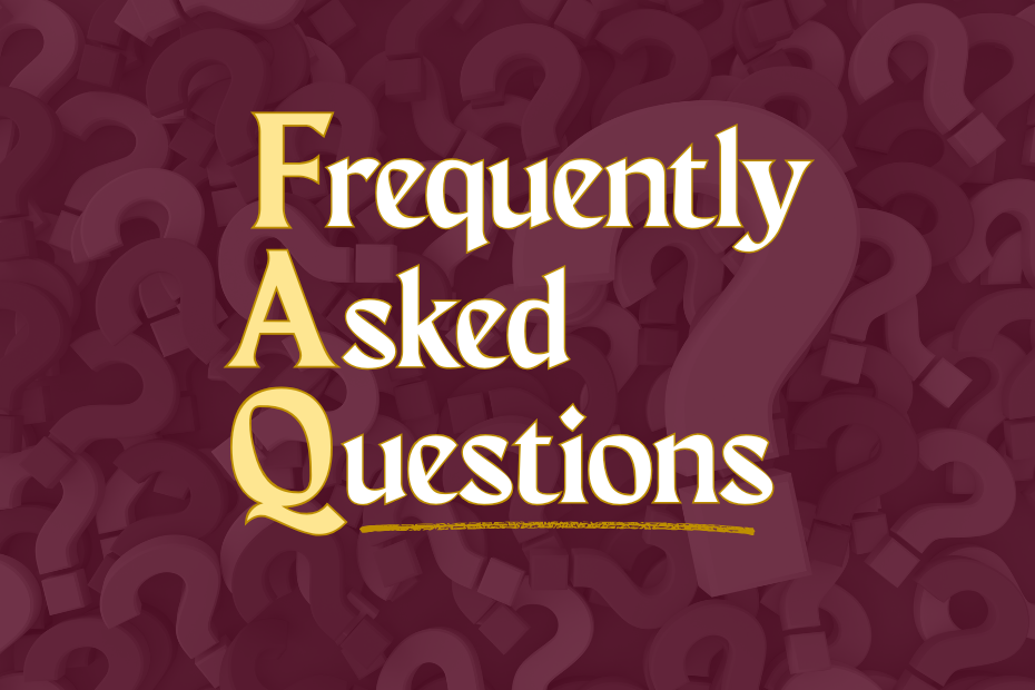 Frequently asked questions is written in white over a burgundy background of question marks. The words are underlined in yellow.