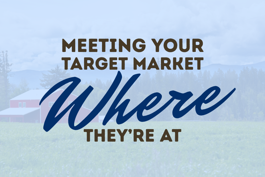 Meeting your target market where they're at is written on a background of a farm house with trees and a green lawn in front that's overlaid with sky blue. The word where is emphasized.