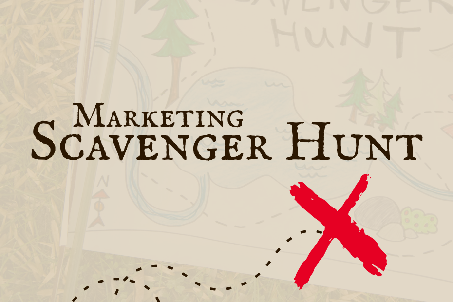 Marketing Scavenger Hunt is written on a beige background that looks like an old pirate map. There is a path that ends in a red X towards the bottom.