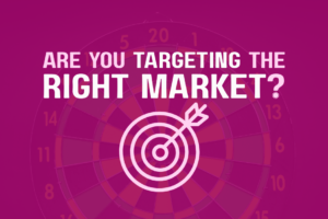 Are you targeting the right market is written in white and very light pink on a dark pink background with a light pink icon of a bullseye with an arrow underneath.