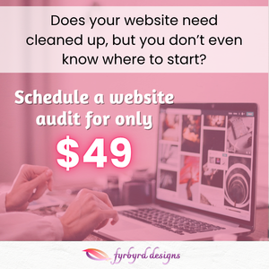 Does your website need cleaned up but you don't even know where to start? is written on a white semi-transparent overlay over a pink picture of a person sitting at a desk with their laptop open in front of them. In the very center it says, schedule a website audit for only $49.