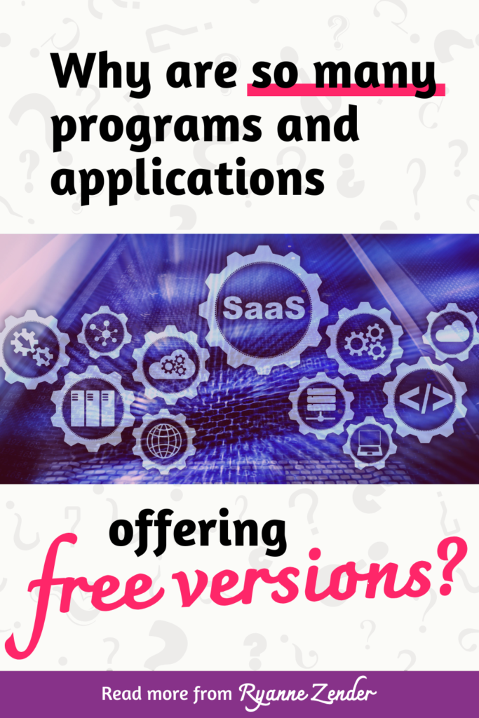 Why are so many programs and applications offering free versions is written around a blue picture of gears with marketing icons in them.